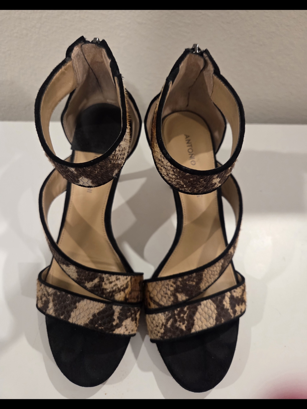 ANTONIO MELANI Snake-Print Ankle-Strap Heels in Brown and Black